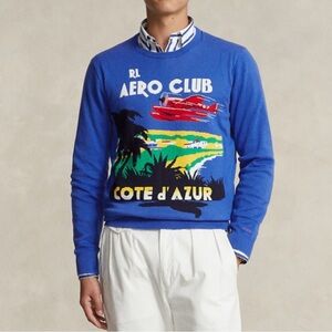 Polo Ralph Lauren Aero Club Cote D'Azur French Riviera Blue Knit Sweater Mens L